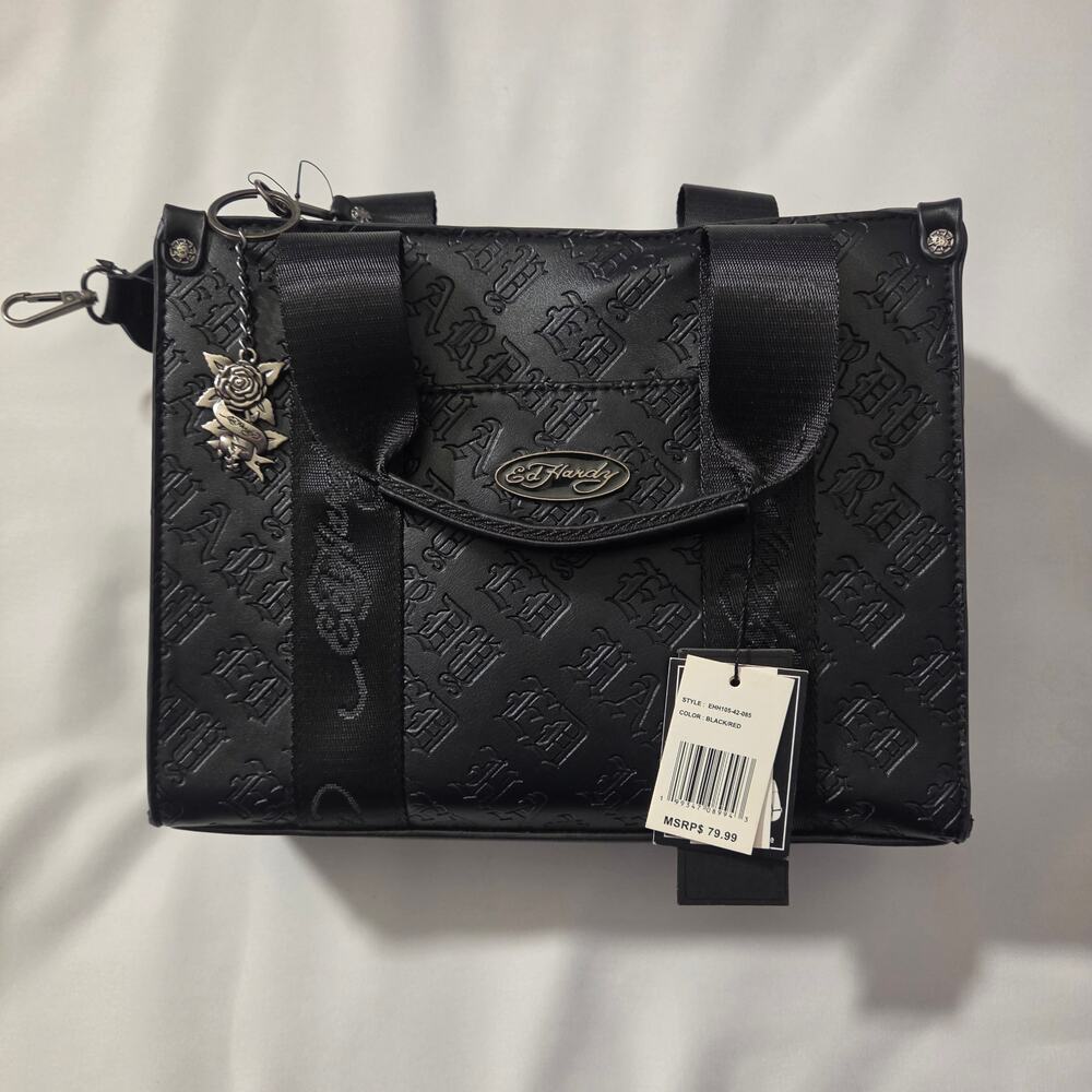 Ed Hardy Black Embossed Tote Crossbody Bag NWT Rose Charm Y2K Aesthetic